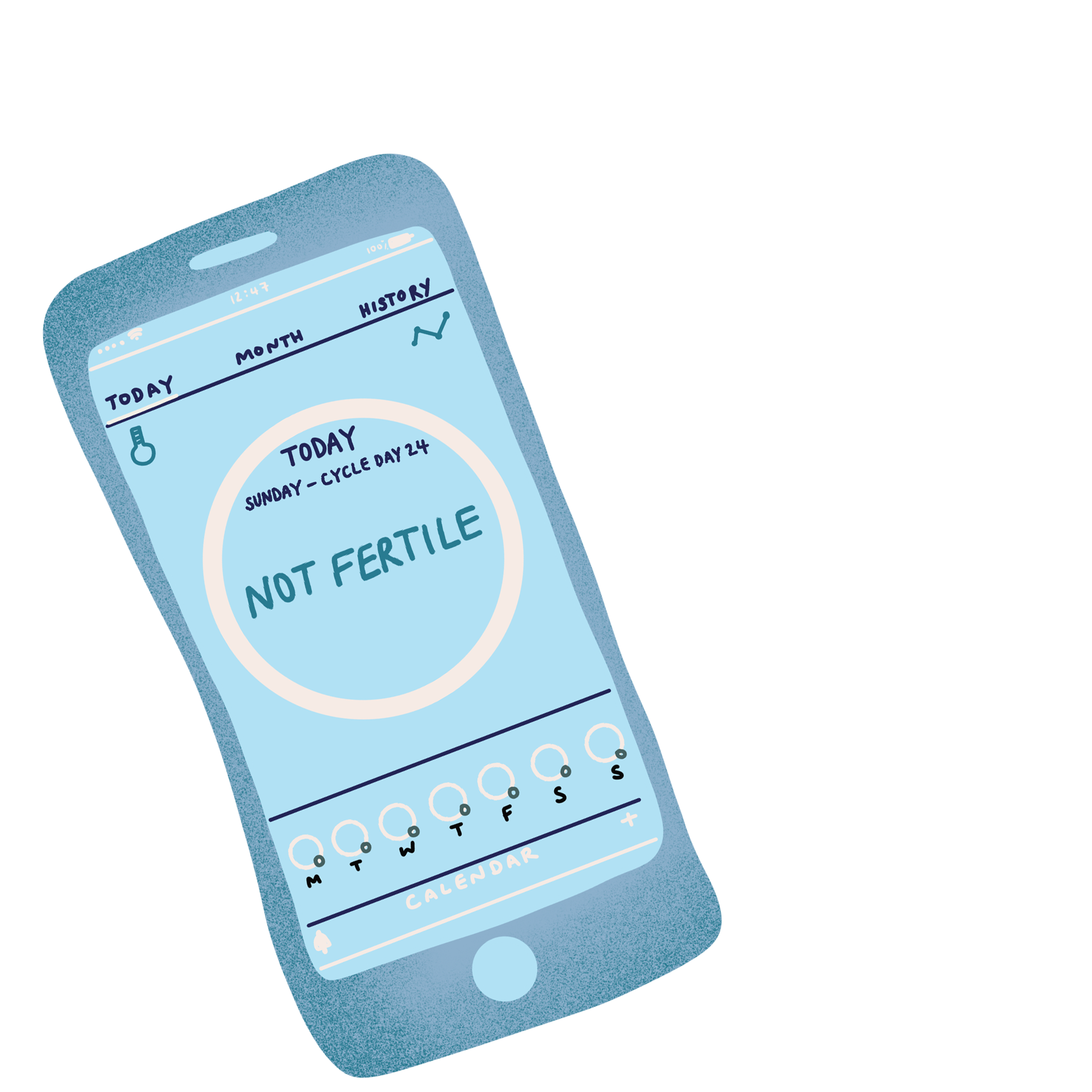Illustration of a phone with a display that indicates that the person is not fertile.