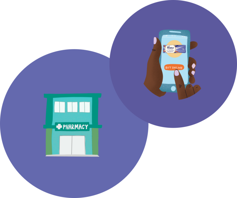 two purple circles, one with the illustration of a pharmacy, one with hands using a mobile phone to order hana online