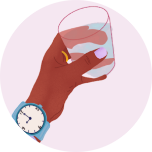 illustration of a hand with a watch that shows it's 9 o' clock holding a glass with water