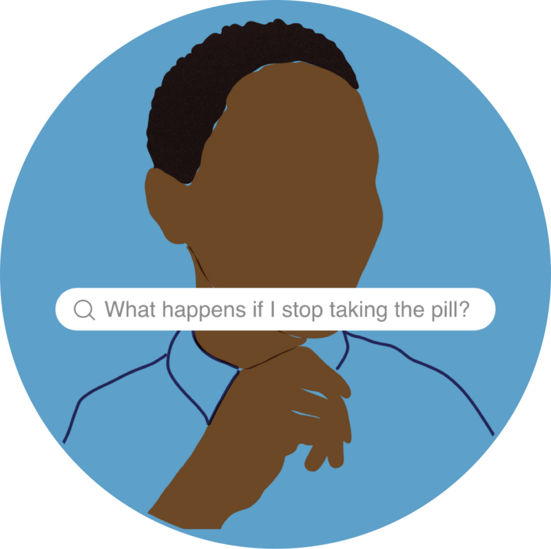 Head of a women in front of a blue background. A bar looking like a search bar in the middle of the image, reading 