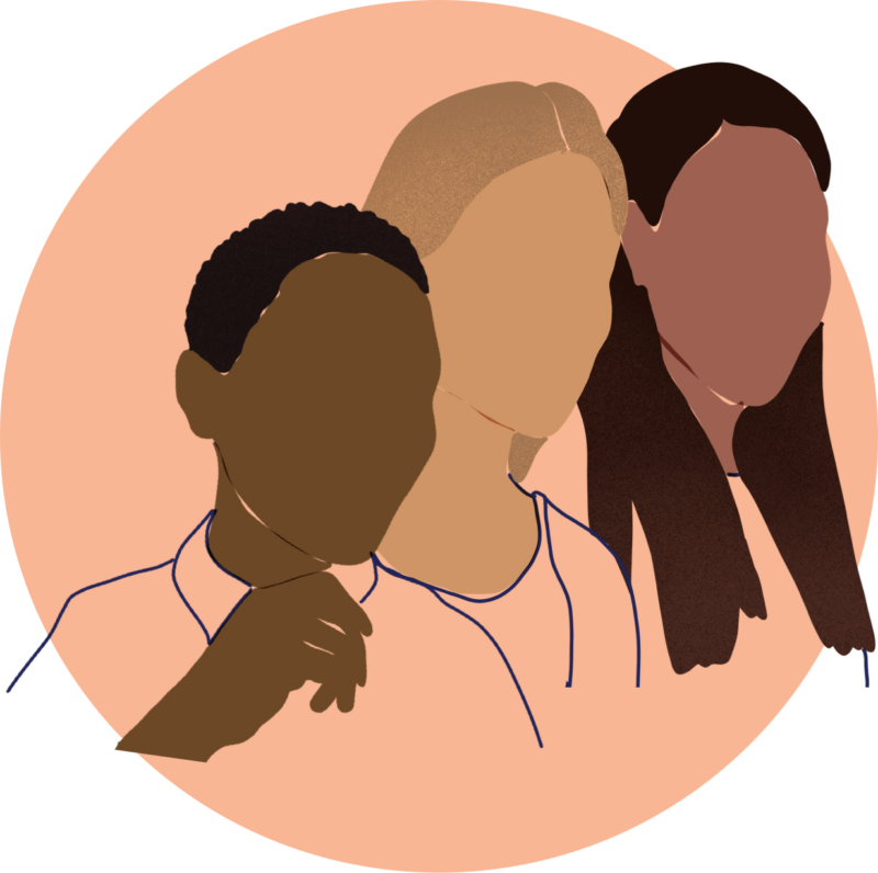 Heads of three women in an orange circle