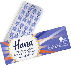 A pack of Hana 75 microgram film-coated tablets and some blister strips with pills are displayed, indicating the product is a daily contraceptive with the active ingredient Desogestrel.