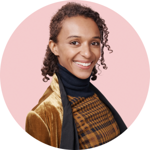 Smiling girl in a pink circle