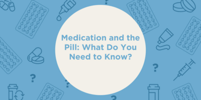 Contraceptive methods surround text on a blue background: "Medication and the Pill: What Do You Need to Know?"