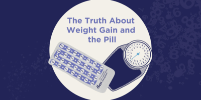 Text "The Truth about weight gain and the pill" plus the illustration of a scale and a hana blister strip