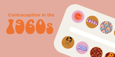 Pill Blister with different decade related symbols instead of pills. Text reading "Contraception in the 1970s"