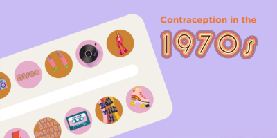 Pill Blister with different decade related symbols (rollerblades, disco, "roll with it") instead of pills. Text reading "Contraception in the 1970s"