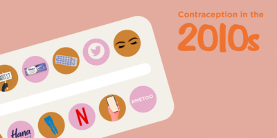 Pill Blister with different decade related symbols (#metoo, netflix, Hana, Twitter) instead of pills. Text reading "Contraception in the 2010s"