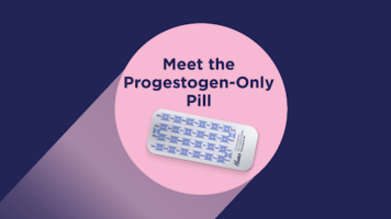 Pink spotlight with text "Meet the Progestogen-Only Pill" and a Pill blister on a dark blue background