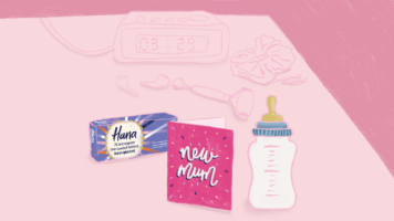Hana Package, a card reading "New mum" and a baby bottle on a table near an alarm clock, headphones and other items
