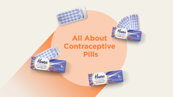 Orange spotlight with text "All About Contraceptive Pills" and Pill packages and blisters
