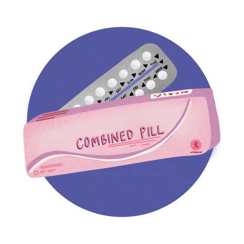 A graphic of a combined oral contraceptive pill packet with partially visible tablets against a blue background. The packet is labeled