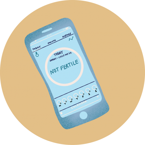 Illustration of a phone with a display that indicates that the person is not fertile in a brown circle