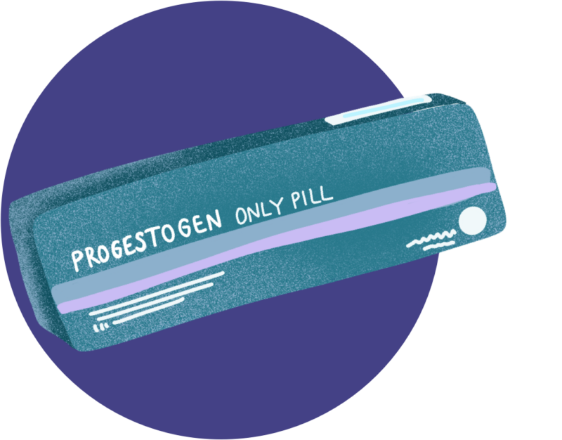 Progestogen only pill package in a blue circle