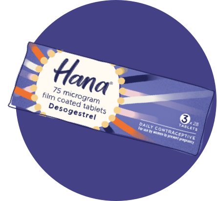 Hana 75 microgram film coated tables front of packaging in a blue circle