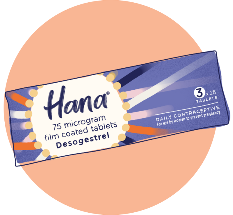 Hana 75 microgram film coated tables front of packaging in an orange circle