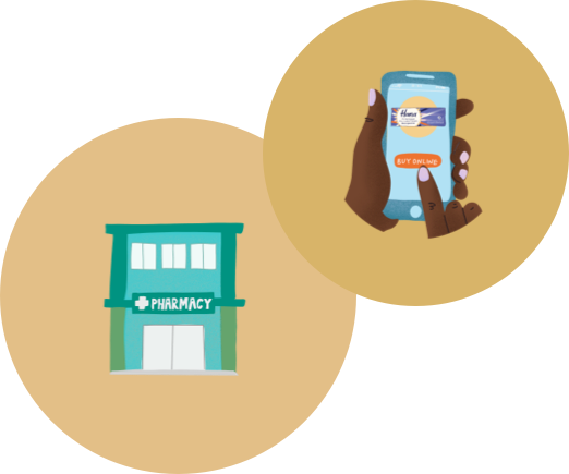 two beige circles, one with the illustration of a pharmacy, one with hands using a mobile phone to order hana online