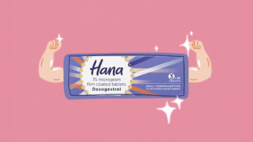 Two hands are holding a pack of Hana 75 microgram film-coated tablets, with text that reads "Desogestrel" under the product name and "DAILY CONTRACEPTIVE" in the lower corner, against a pink background.