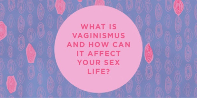 The image displays text on a pink circle, reading "WHAT IS VAGINISMUS AND HOW CAN IT AFFECT YOUR SEX LIFE?" against a purple background with decorative elements.