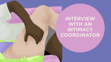 Animated figures lie close together; text reads "INTERVIEW WITH AN INTIMACY COORDINATOR" against a simple, contrasting color background.