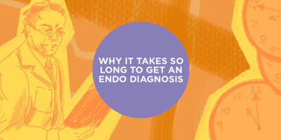 An illustration depicts a healthcare professional next to clocks, with a central text: "WHY IT TAKES SO LONG TO GET AN ENDO DIAGNOSIS".