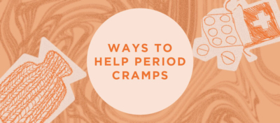 Illustrations of a hot water bottle, medication, and chocolate accompany text "WAYS TO HELP PERIOD CRAMPS" on a patterned background.