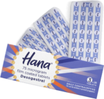 A pack of Hana 75 microgram film-coated tablets and some blister strips with pills are displayed, indicating the product is a daily contraceptive with the active ingredient Desogestrel.