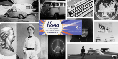 Collage of black and white photos, with the Hana package in the middle in colour.